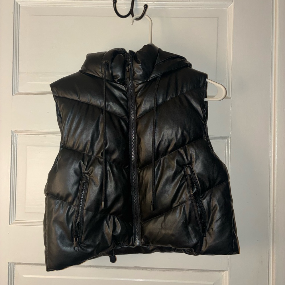 Love Tree Black Quilted Faux Leather Puffer Vest with Hood